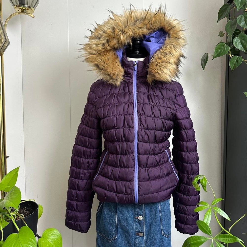 Merrell Womens Purple Quilted Puffer Jacket Faux Fur Hood Thinsulate Medium